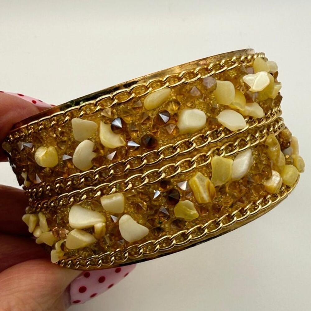 Vintage Gold‑Tone Beaded Bangle • Cream Resin & Amber Rhinestones • 2.75” Diam